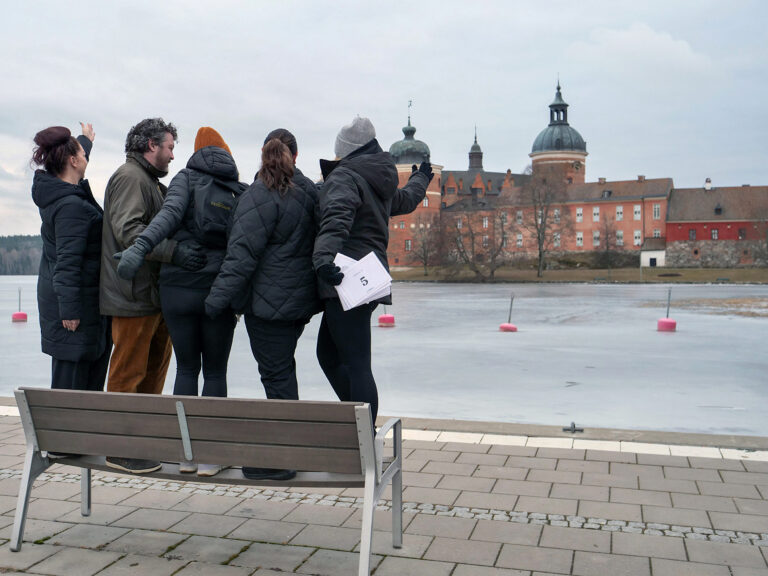 Konferensgäster i en gruppaktivitet på kajen i Mariefred med Gripsholms Slott i bakgrunden